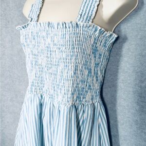 Chelsea & Theodore Midi Sun Dress M Pastel Blue White Stripes Smocked midi